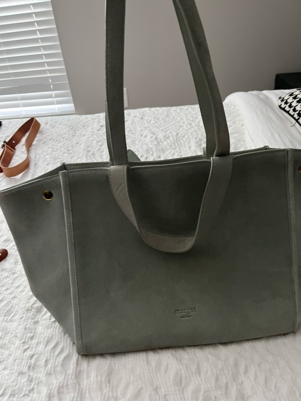 margot Olive Suede Tote with Gold-Tone Eyelets